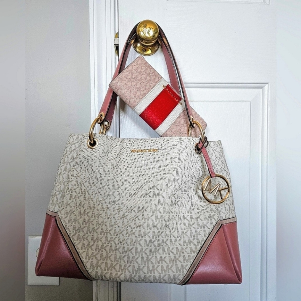 Michael Kors Pink and Cream Signature Tote Bag and Wallet